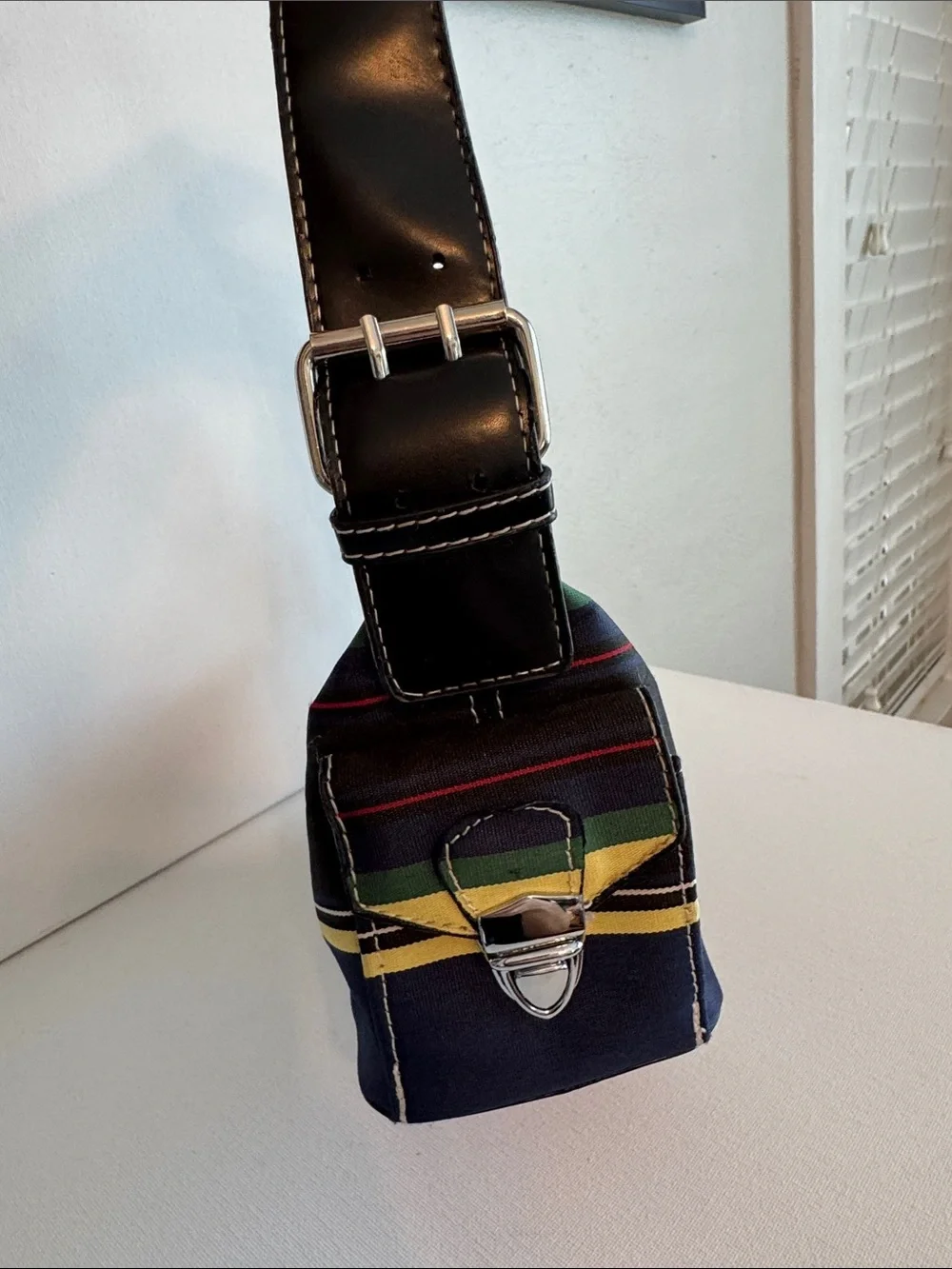 Vintage Kate Spade Striped Nylon Patent Leather Baguette Shoulder Bag Y2K